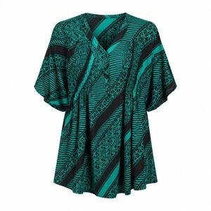 Roamans Tunic 22W Polyester Teal Black Geometric Boho Career Flutter Sleeve